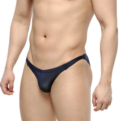 Navymale slim bikini in navy blue sheer mesh with solid fabric waistband shown from the back side