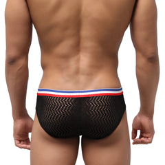 MetroMaleWear slim fit hip briefs black lace with red white and blue striped waistband front view