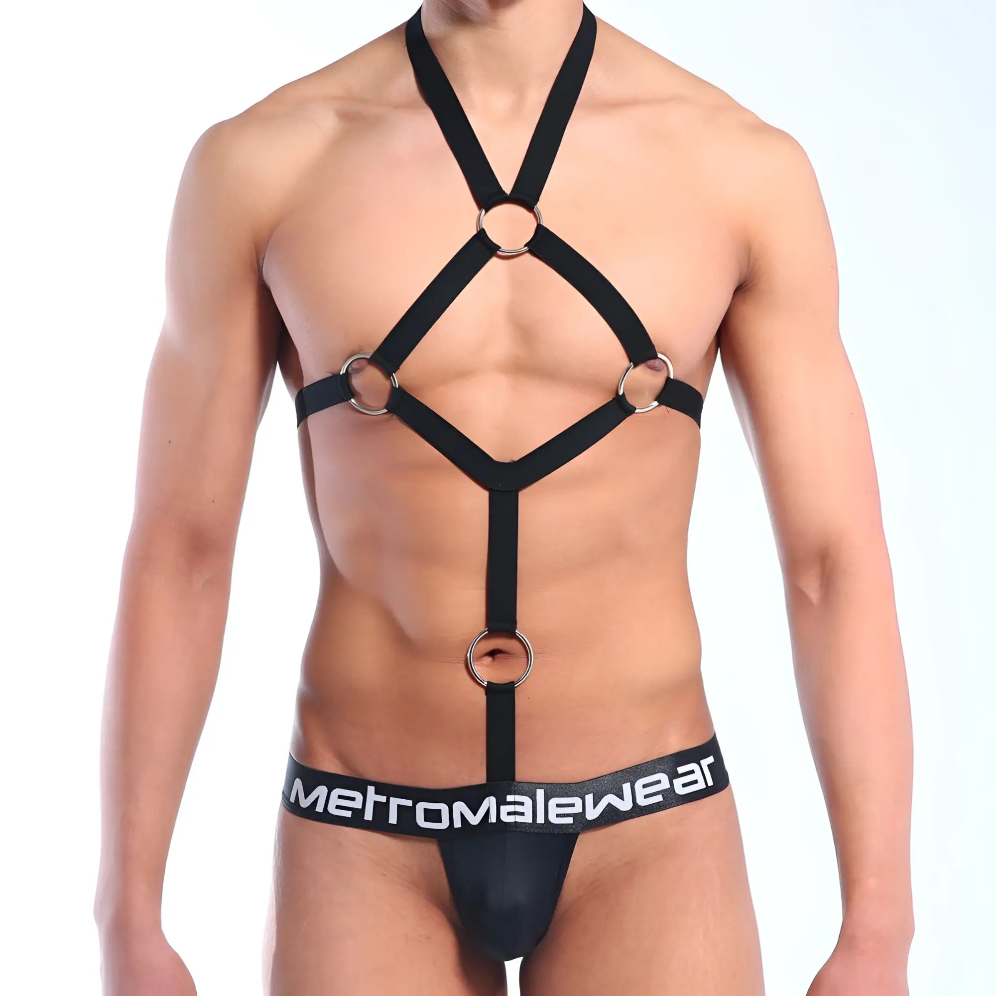 Black harness-style sling jock strap with silver metal rings adjustable straps and branded waistband by metromalewear