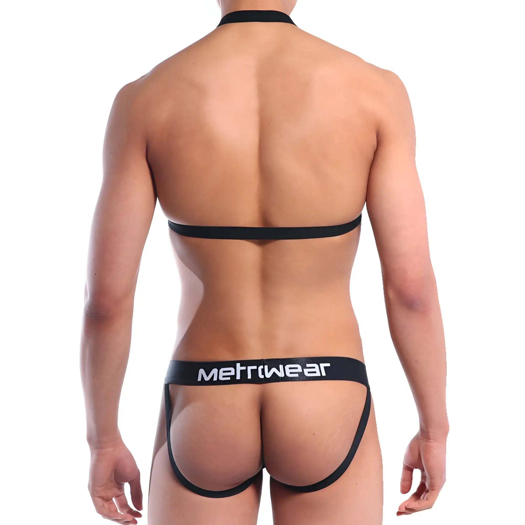 Black metriwear sling jock strap briefs with thin waistband and leg straps designed for male athletic wear