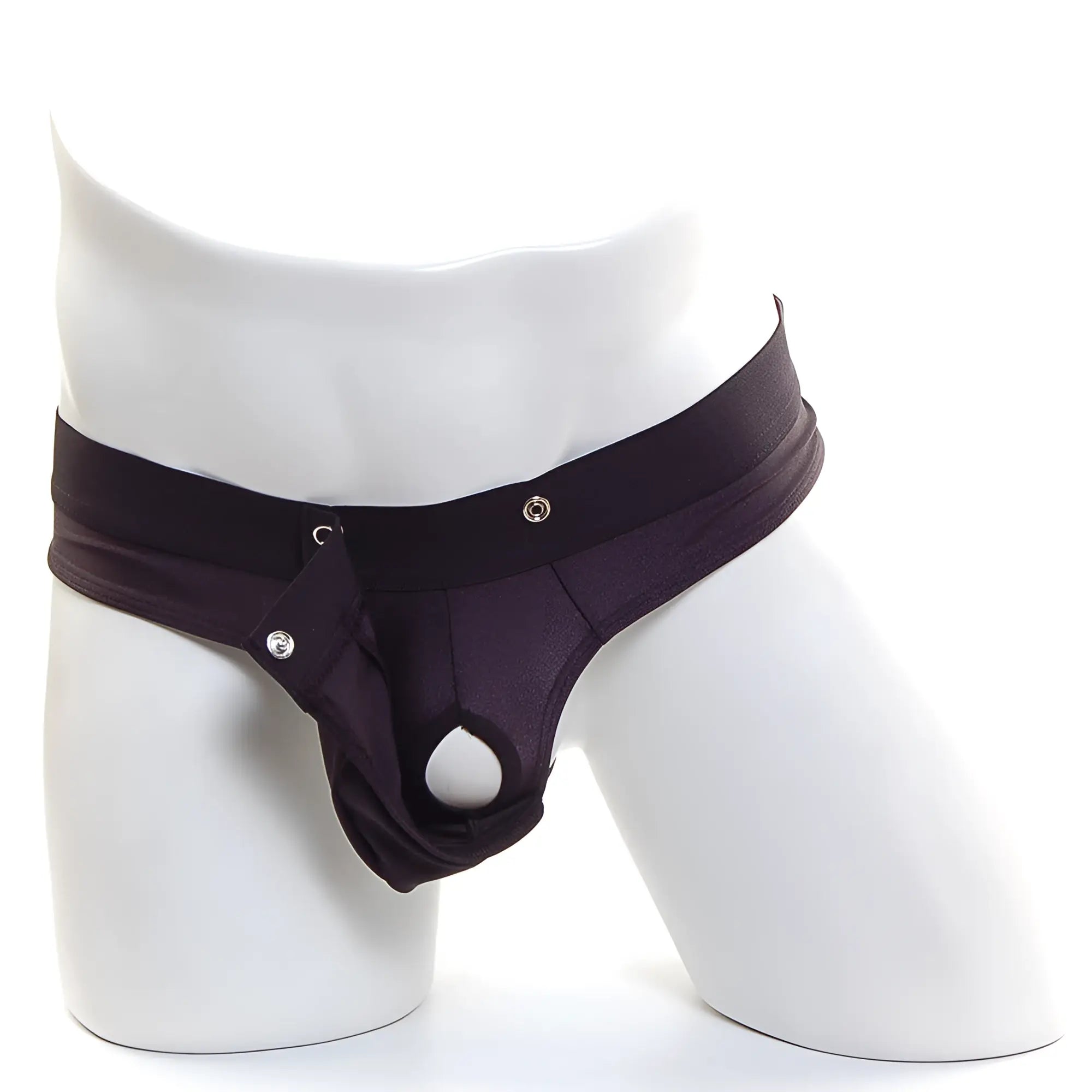 Black mens thong with wide waistband and silver toned snap closures by MetroMaleWear in black color