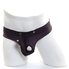 Black mens thong with wide waistband and silver toned snap closures by MetroMaleWear in black color