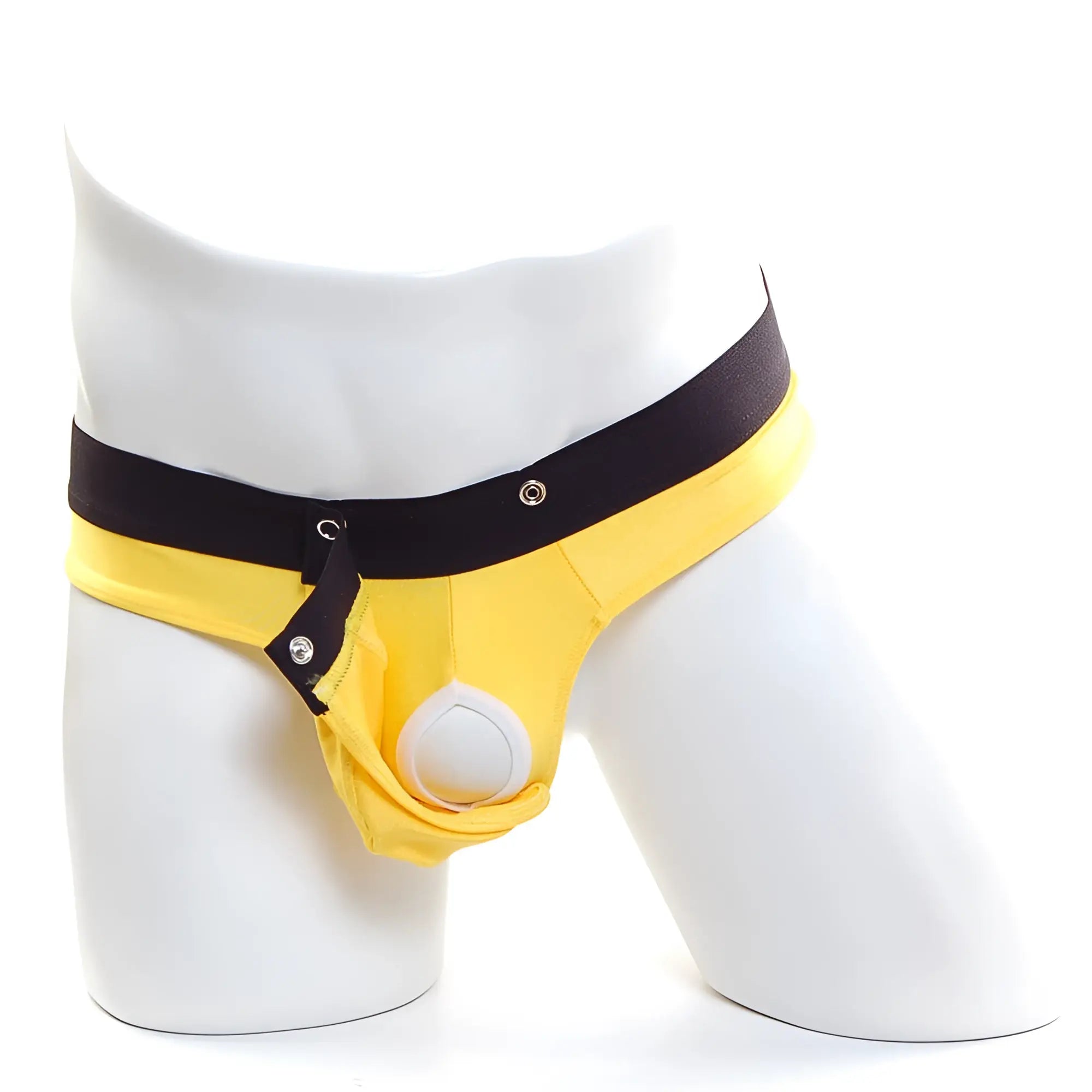 Yellow and black mens briefs with white circular detail front metro male wear snap thong mango 2212 15