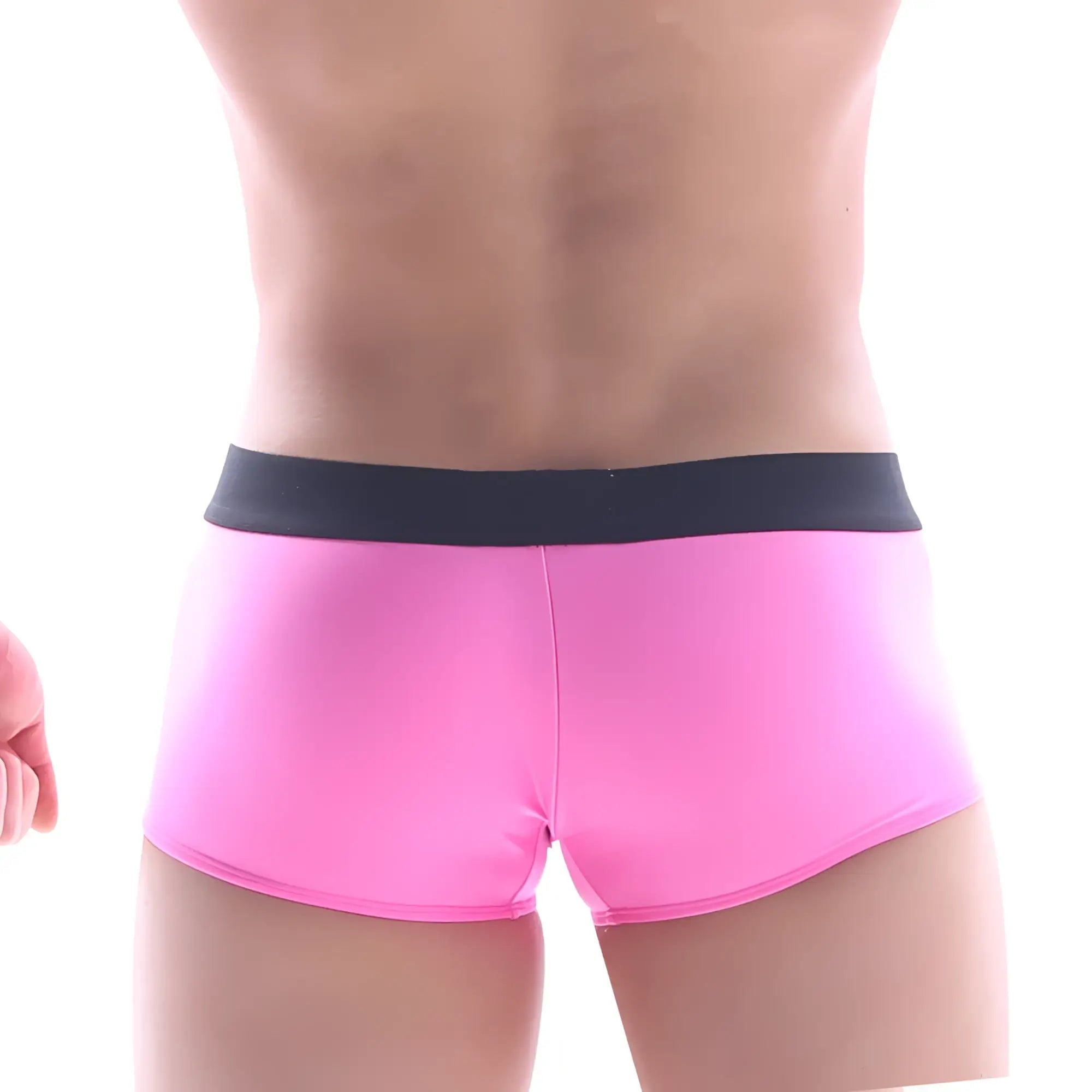 Bright pink MetroMaleWear snap trunk briefs with contrasting black elastic waistband in a form-fitting design