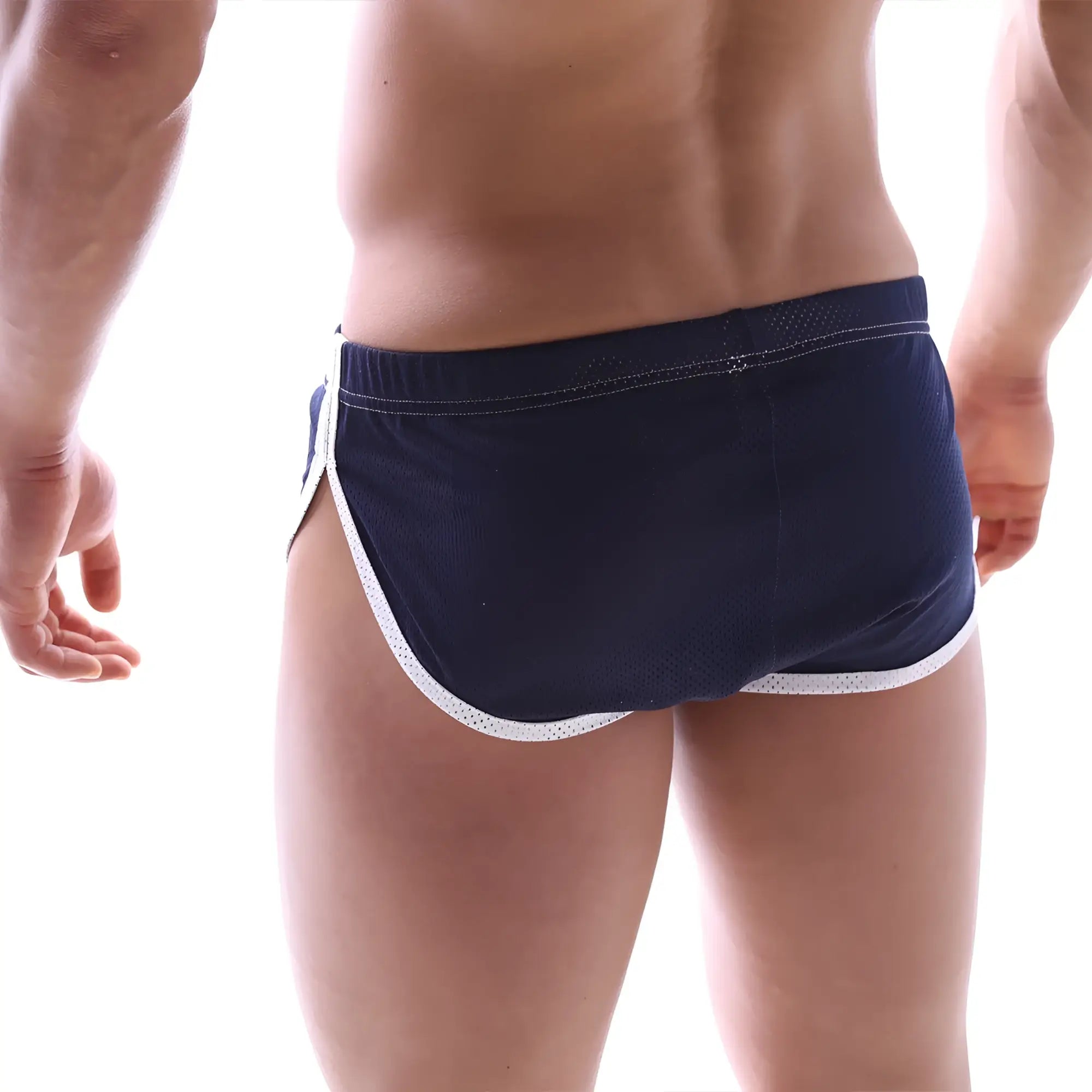 Navy blue mesh athletic briefs with white perforated trim from metromalewear soccer split short series
