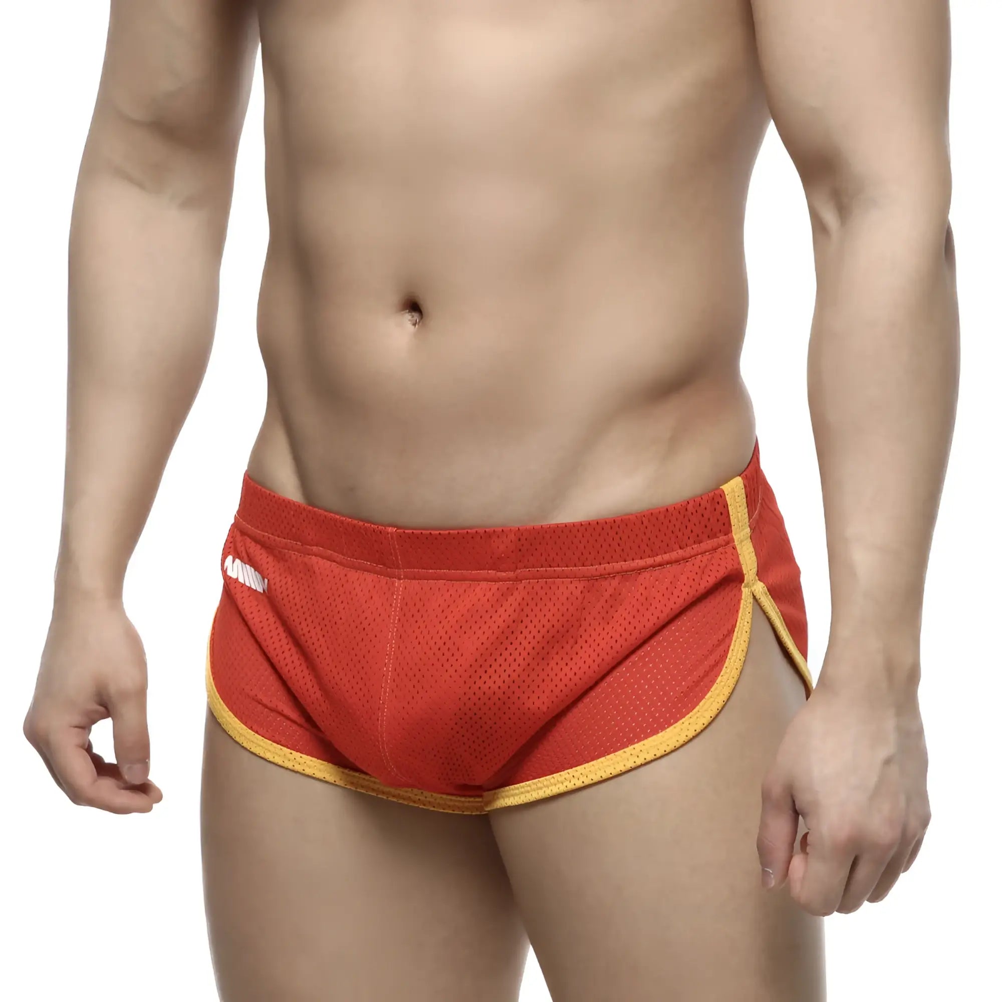 Red mesh athletic briefs with yellow trim from metromalewear soccer split short red 4705-12 collection