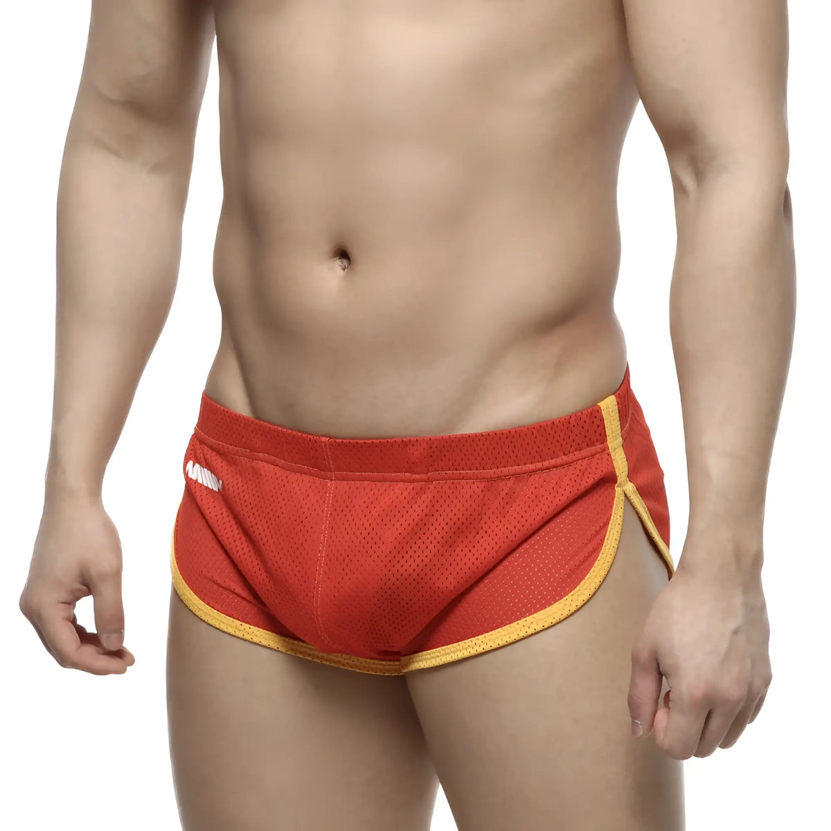 Red mesh athletic briefs with yellow trim from metromalewear soccer split short red 4705-12 collection
