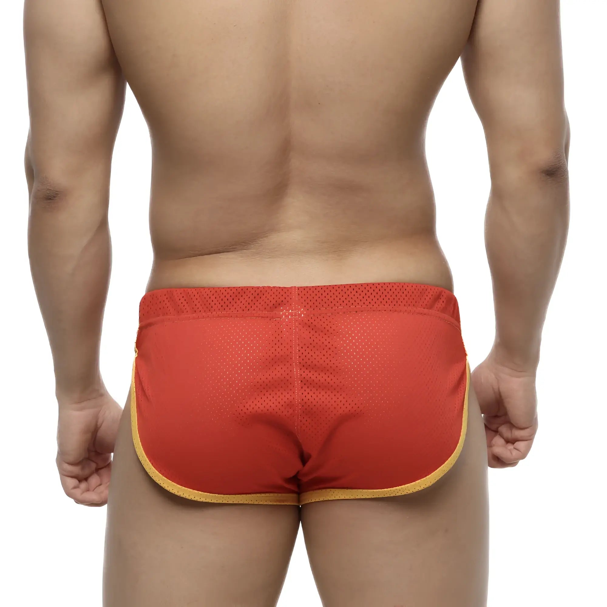 Red mesh athletic briefs with yellow trim from metromalewear soccer split short red 4705-12 for sports use