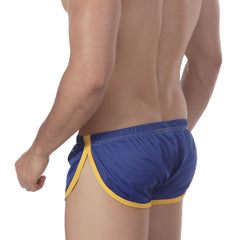 Blue athletic soccer shorts with yellow trim and mesh fabric design metro male wear royal 4705-18