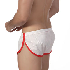 MetroMaleWear soccer split shorts in white mesh with red trim and elastic waistband for athletic use