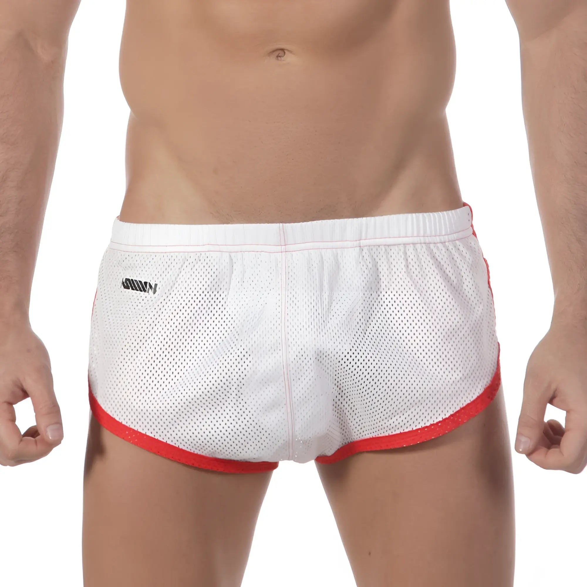 White mesh men’s briefs with red trim and black logo waistband metro male wear soccer split short 4705-00 front view