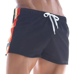MetroMaleWear soccer swim short black mesh trunks with white drawstring and orange side stripe for swimming