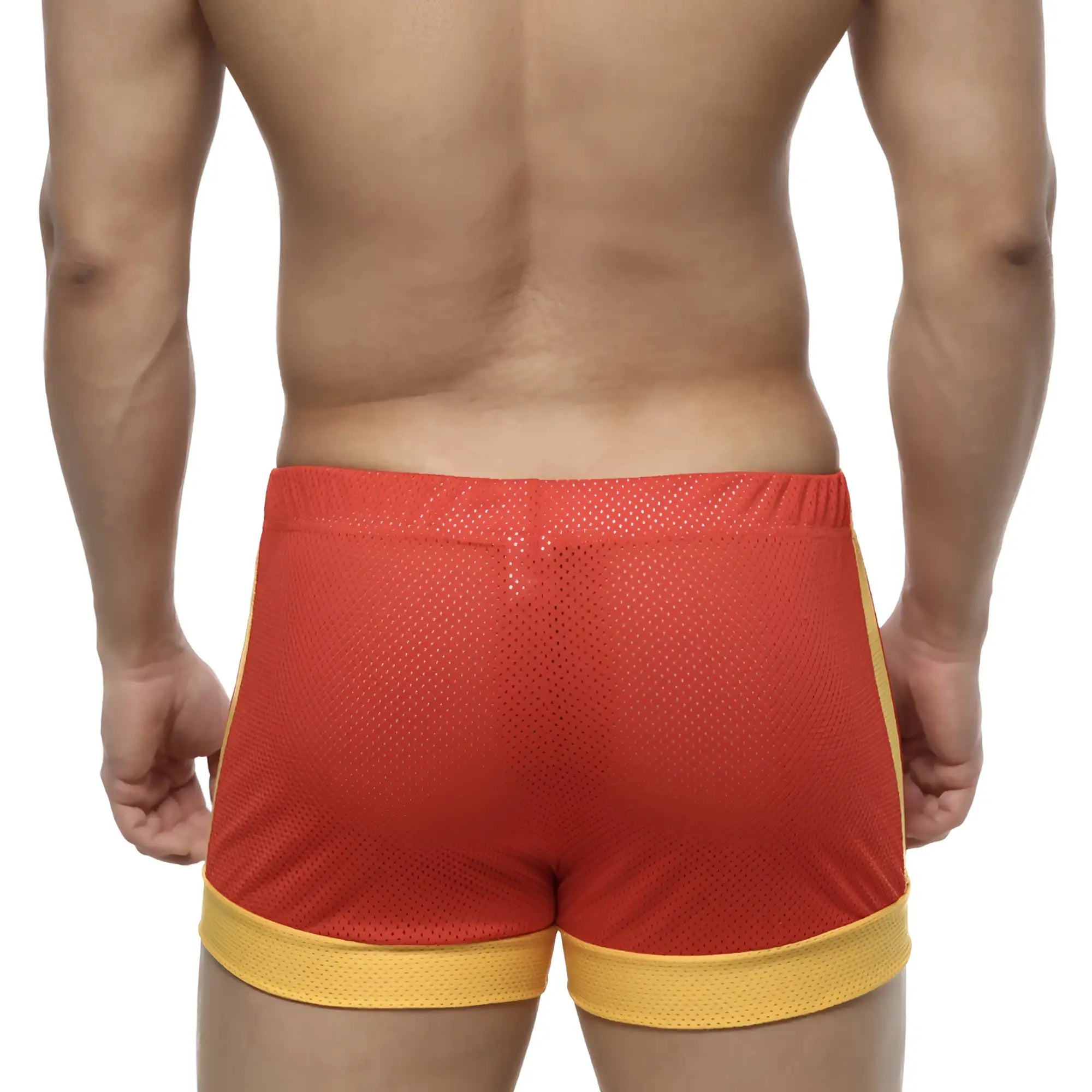Red and yellow mesh metroMalewear soccer swim shorts with elastic waistband designed for athletic use