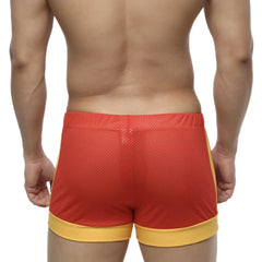 Red and yellow mesh metroMalewear soccer swim shorts with elastic waistband designed for athletic use