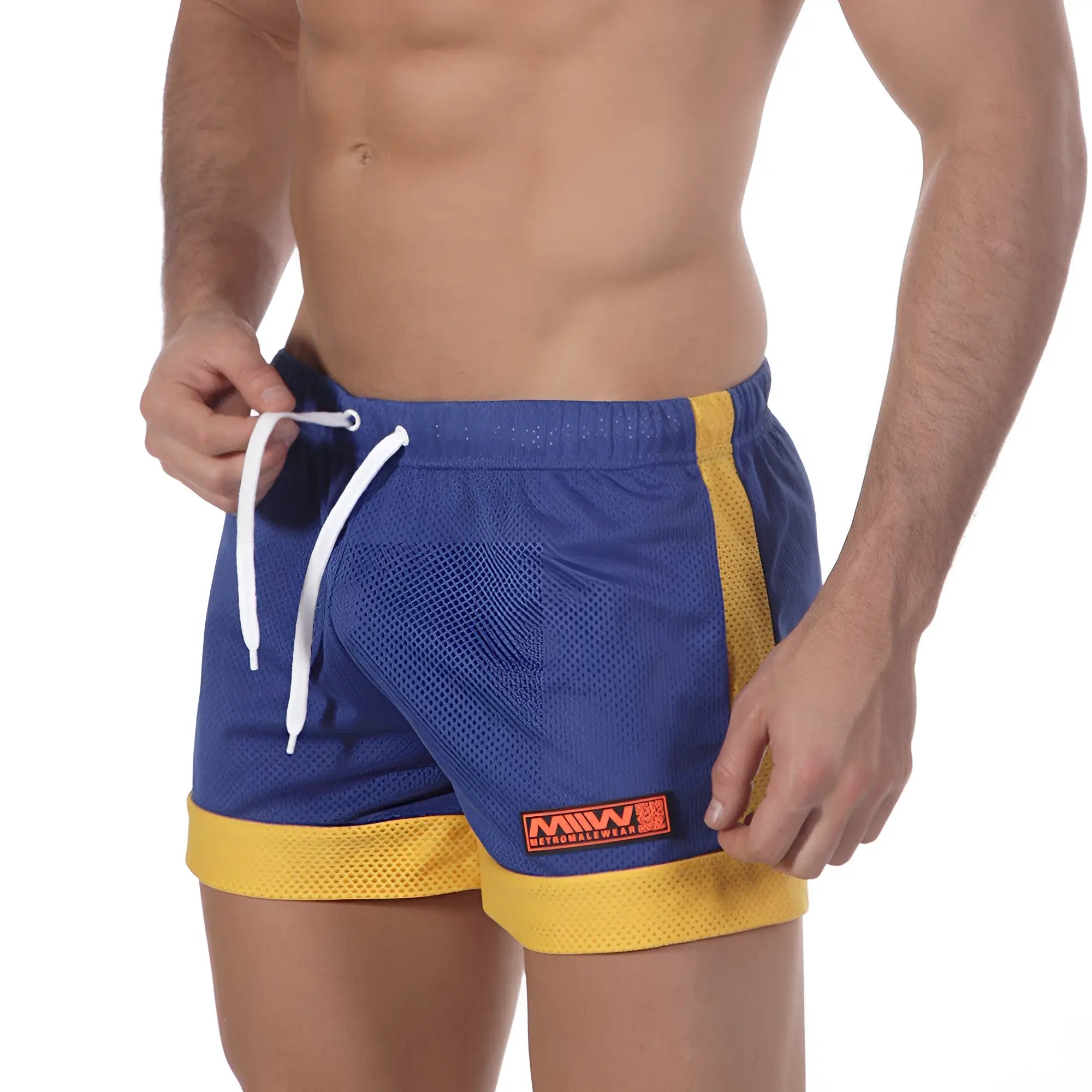 Blue and yellow mesh MetroMaleWear soccer swim shorts with white drawstrings for athletic use royal 4704-18