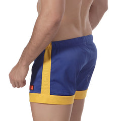 MetroMaleWear soccer swim short royal 4704-18 blue and yellow mesh athletic shorts with bold vertical side stripe