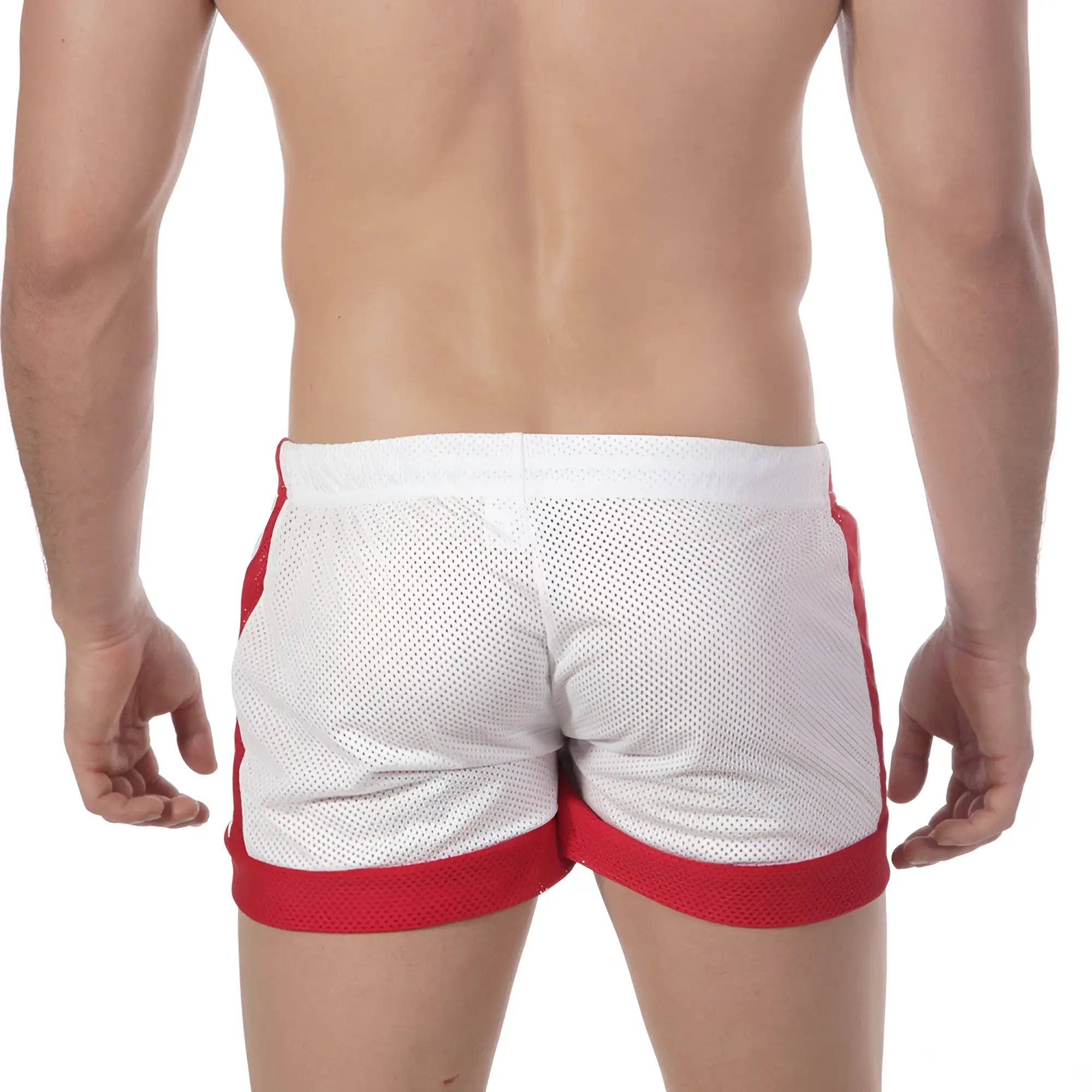 MetroMaleWear soccer swim short white mesh with red side stripes and matching red waistband for athletic use