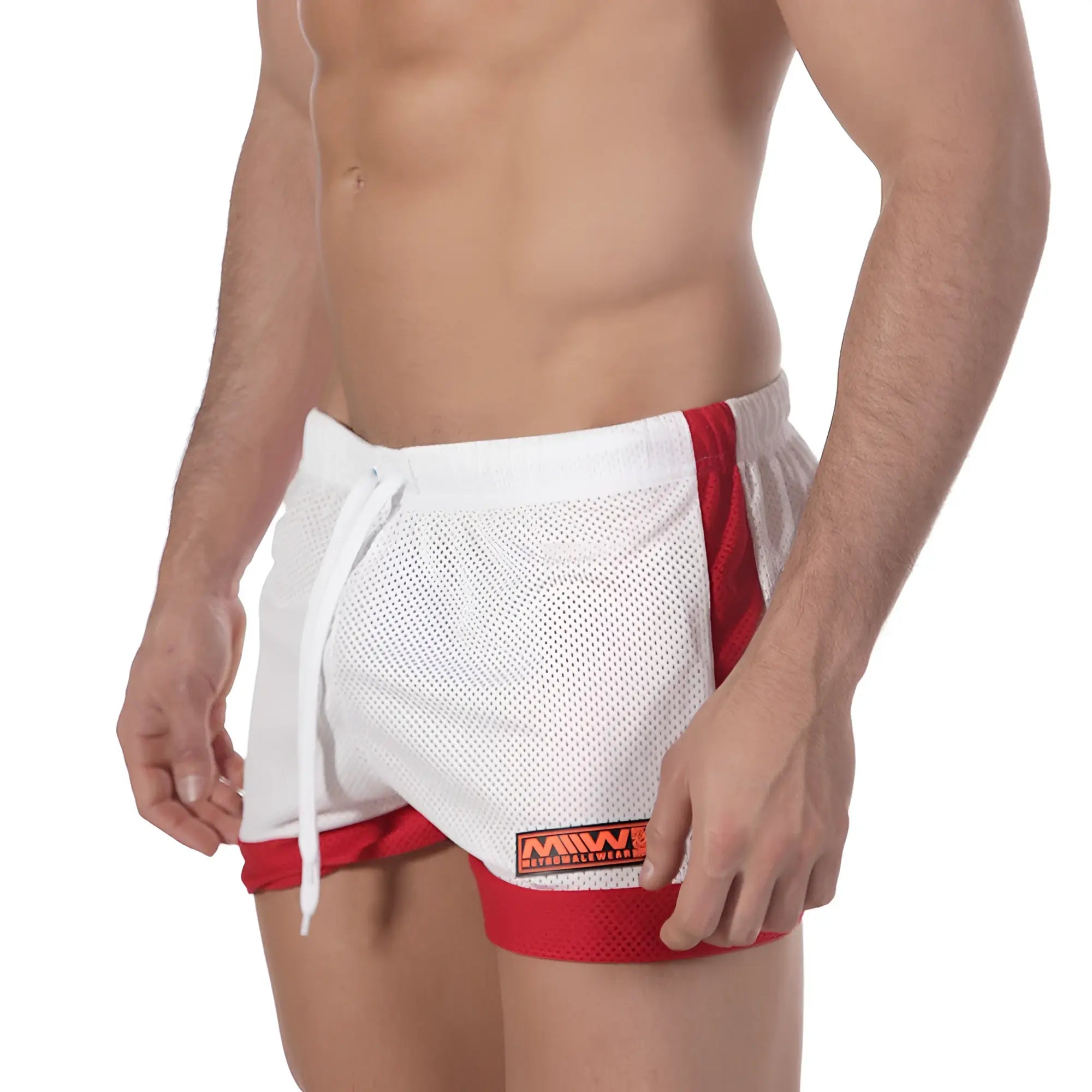 MetroMaleWear soccer swim short white 4704-00 mesh athletic shorts with drawstring and orange logo patch on lower left leg