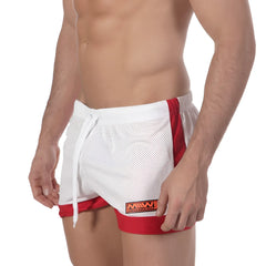 MetroMaleWear soccer swim short white 4704-00 mesh athletic shorts with drawstring and orange logo patch on lower left leg