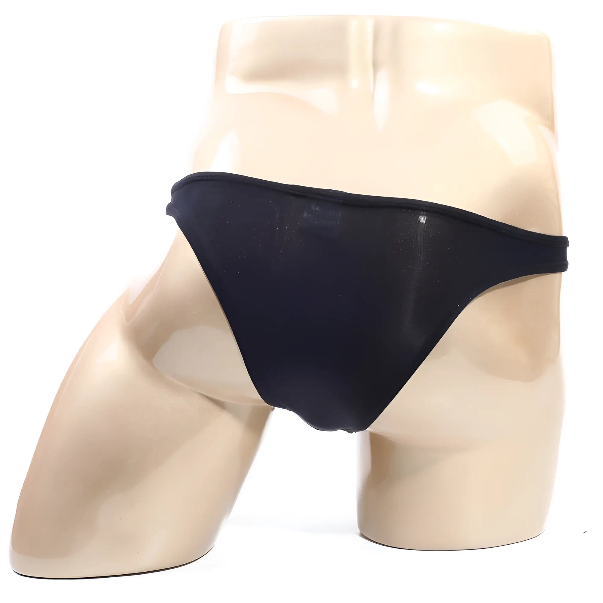 Black glossy mesh thong bikini by metromalewear displayed on mannequin showing front view