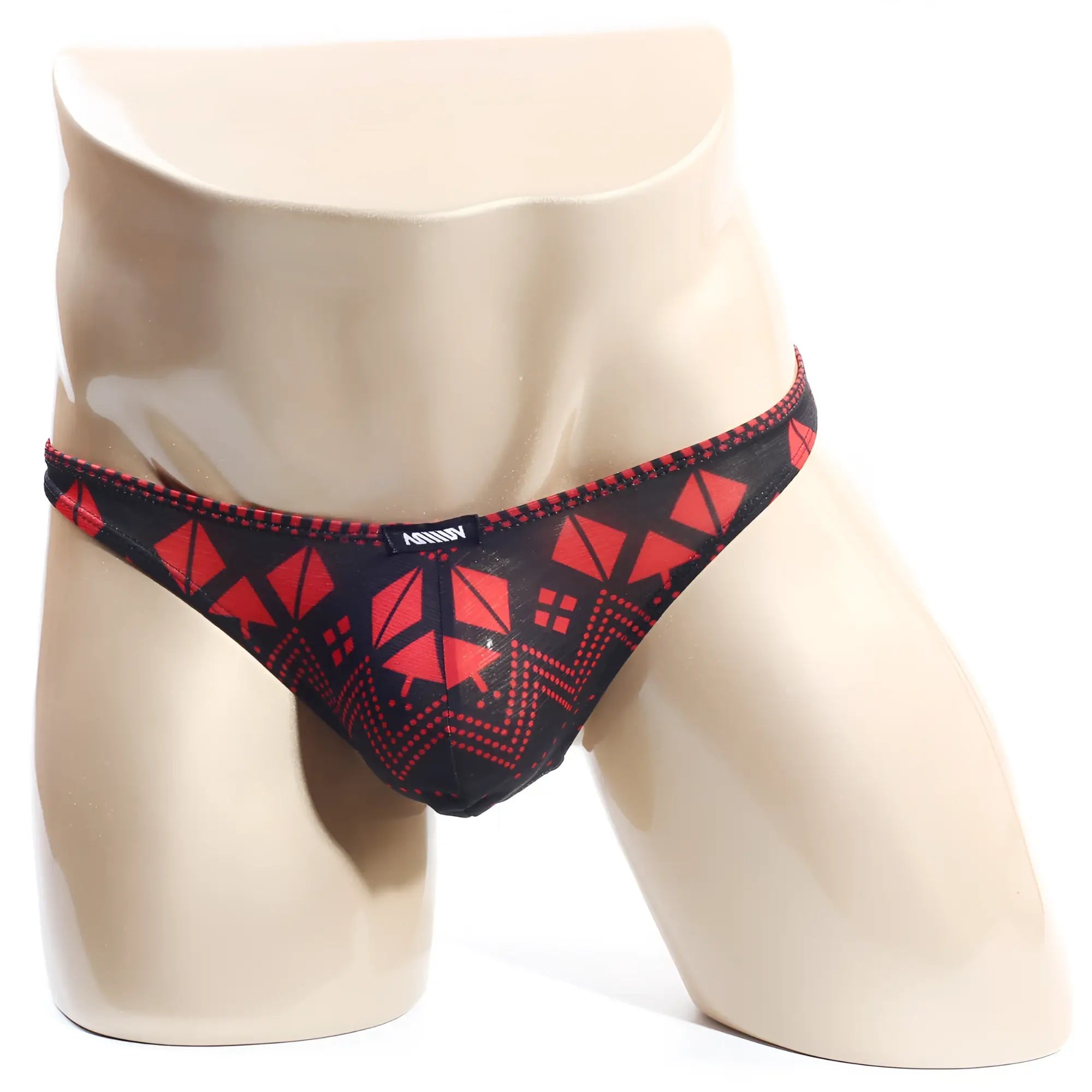 MetroMaleWear Spade Thong 2302-74 black and red geometric mesh fabric men’s briefs front view