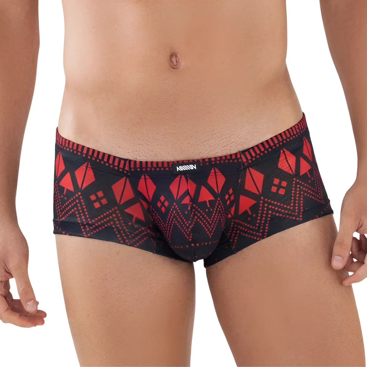 MetroMaleWear spade trunk 2125-36 black and red geometric patterned men’s briefs with bold tribal-inspired design