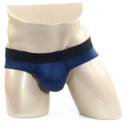 Navy blue satin metro malewear spark brief with contrasting black elastic waistband for comfortable wear