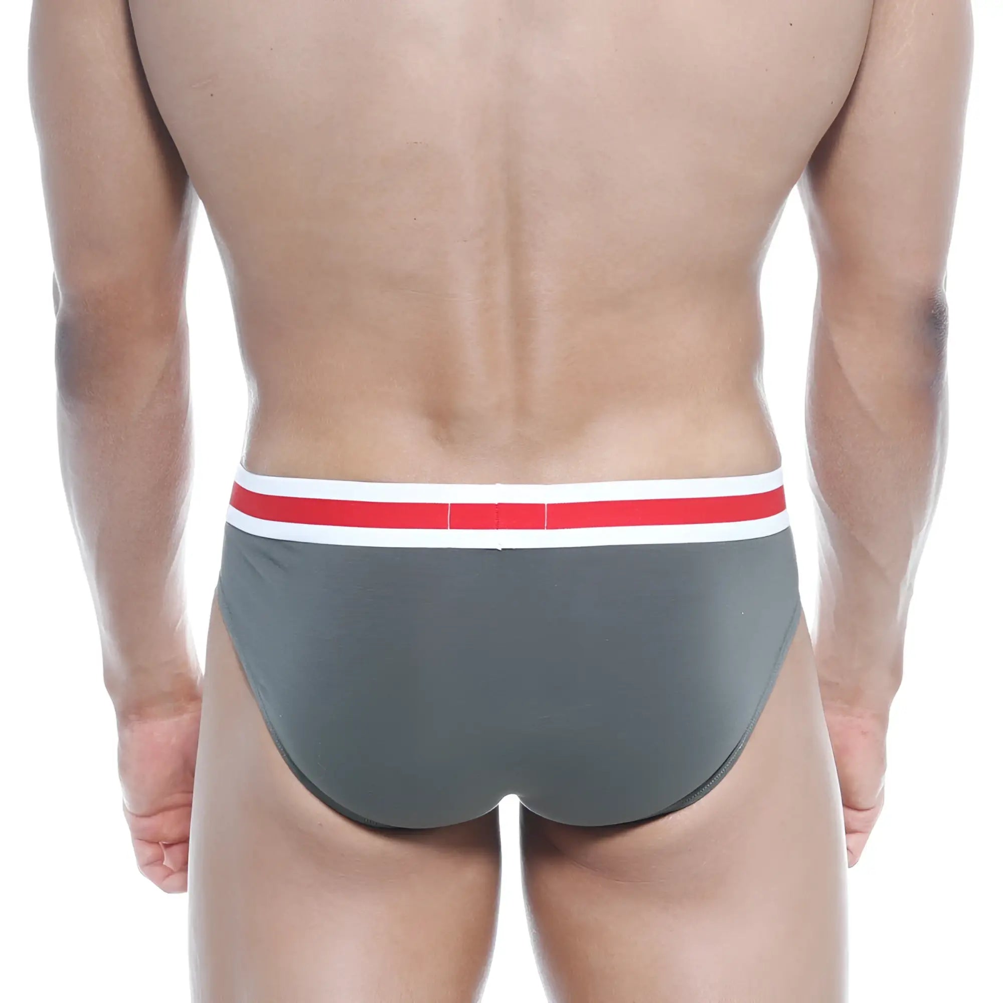 Gray spartacus brief with red and white striped waistband from metromalewear for comfortable everyday wear
