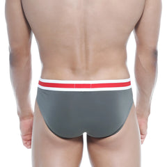 Gray spartacus brief with red and white striped waistband from metromalewear for comfortable everyday wear
