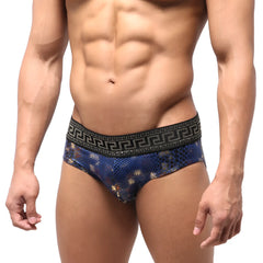 Blue lace swim briefs with black greek key waistband and metallic gold accents from metromalewear special edition