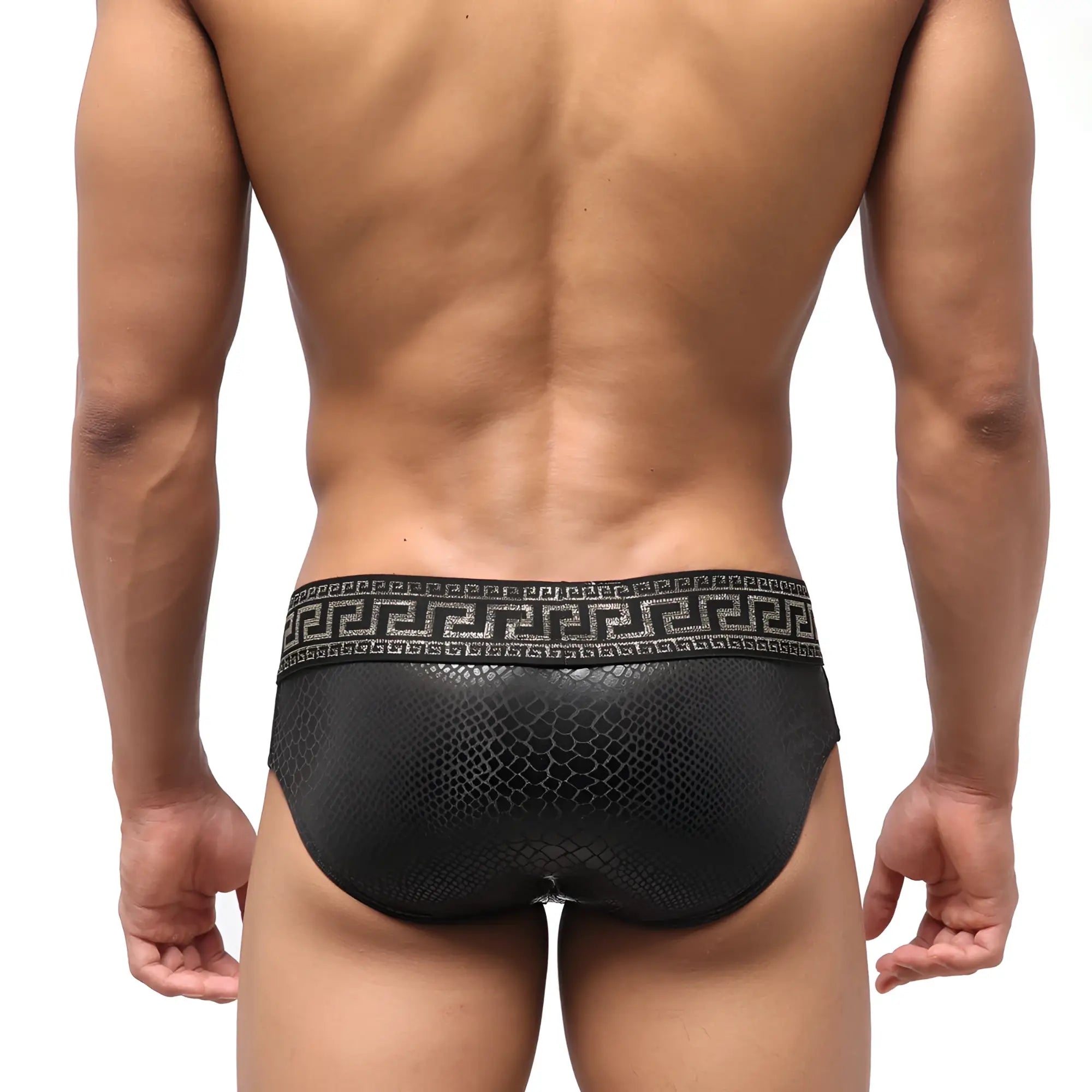Black textured metroMalewear special edition anaconda swim brief with greek key pattern waistband