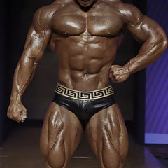 Black leather swim briefs with a gold Greek key pattern waistband from MetroMaleWear special edition