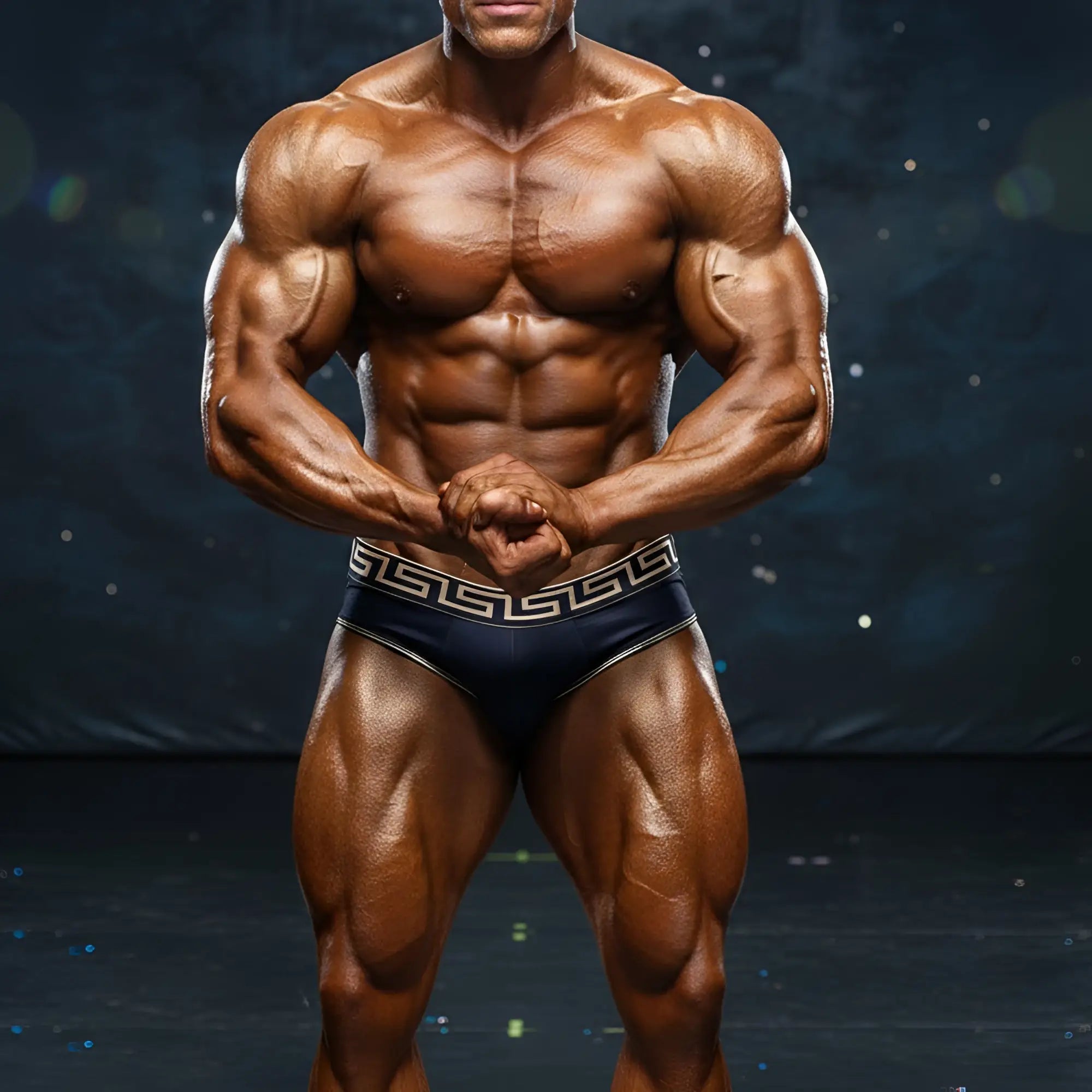 A muscular man wearing dark blue metroMaleWear special edition grid swim briefs with white geometric waistband pattern