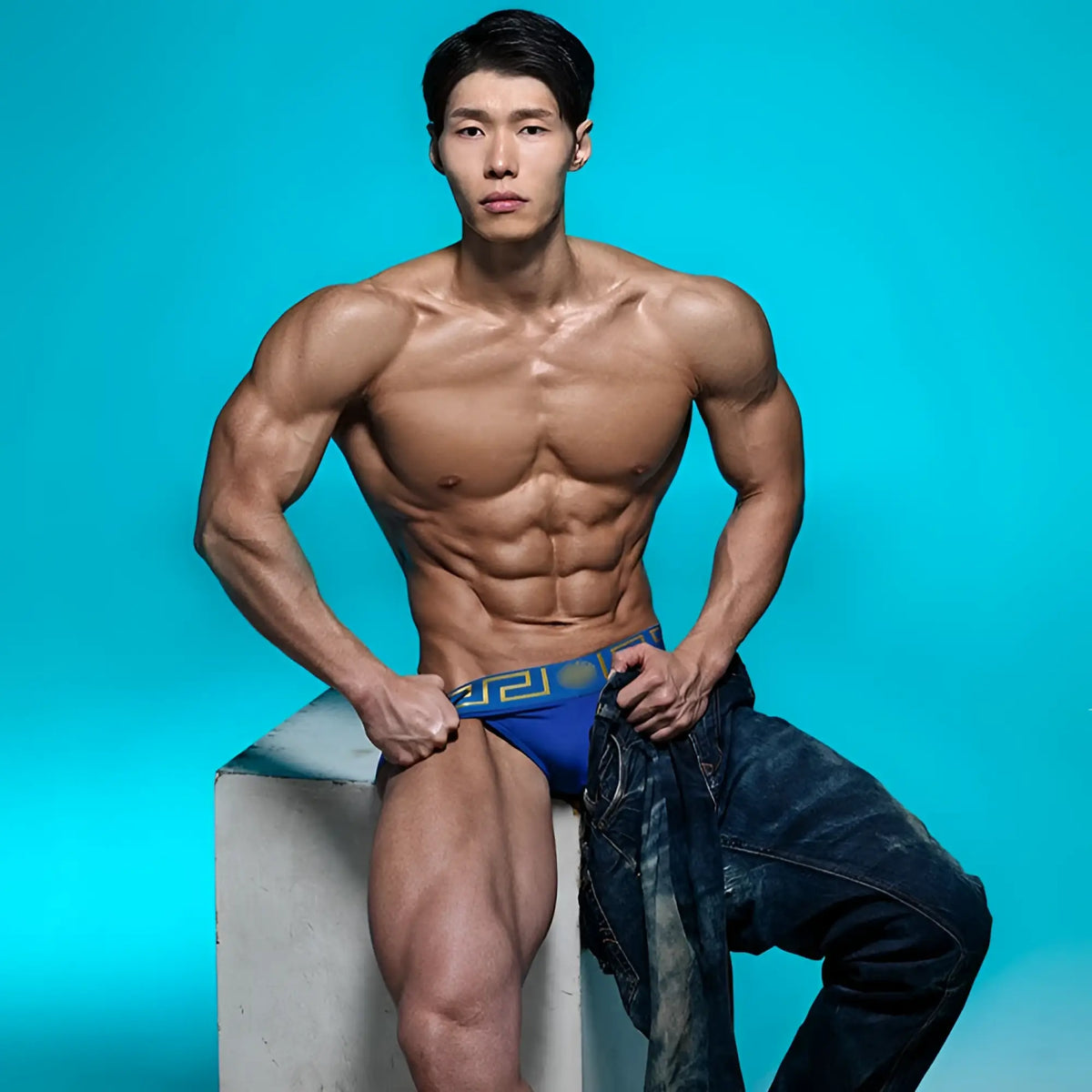 MetroMalewear special edition roman blue swim brief 4916-SP21 in blue with gold geometric pattern for athletic use
