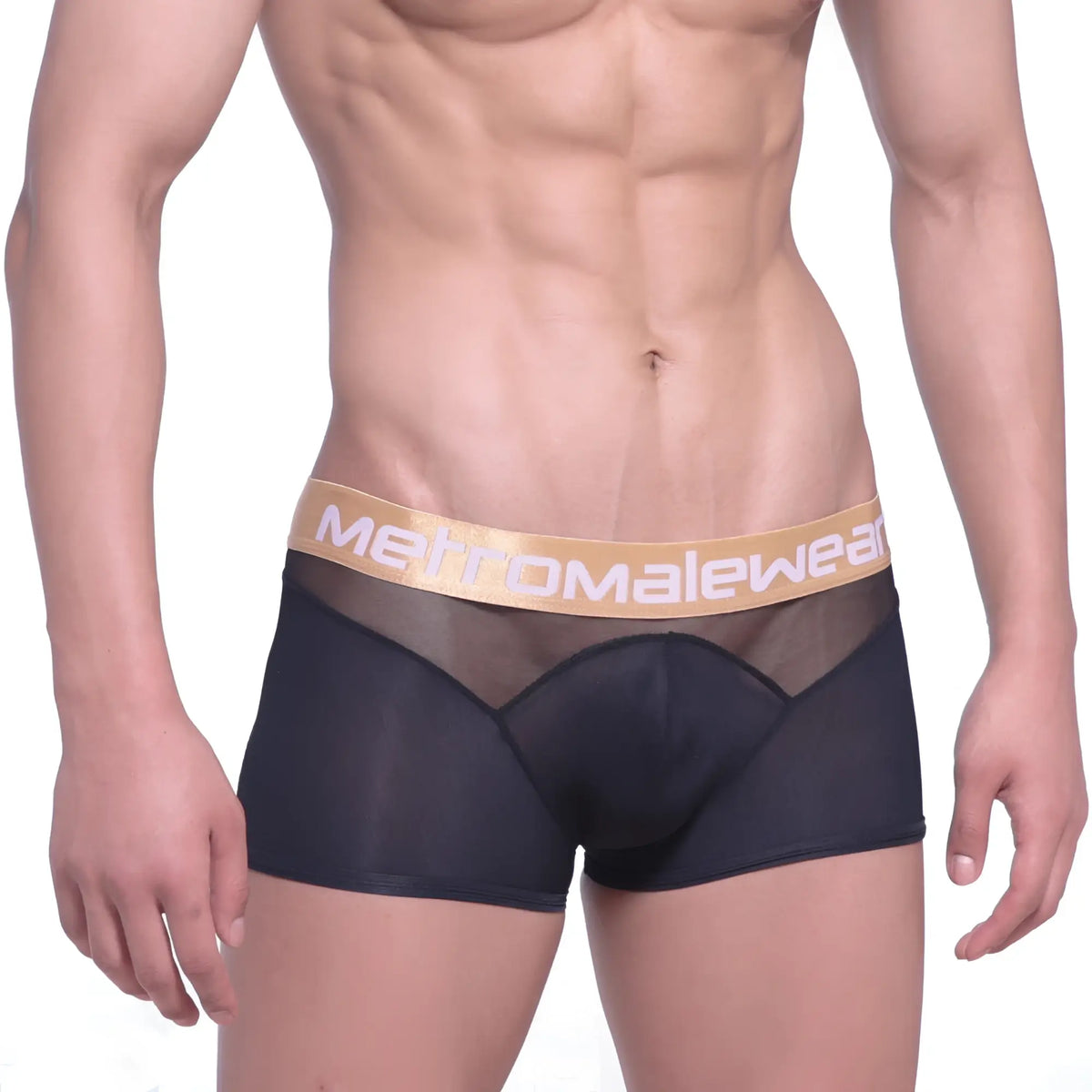 Black mesh boxer briefs with gold metromalewear waistband metro malewear speed mesh hip trunk black 2314-20