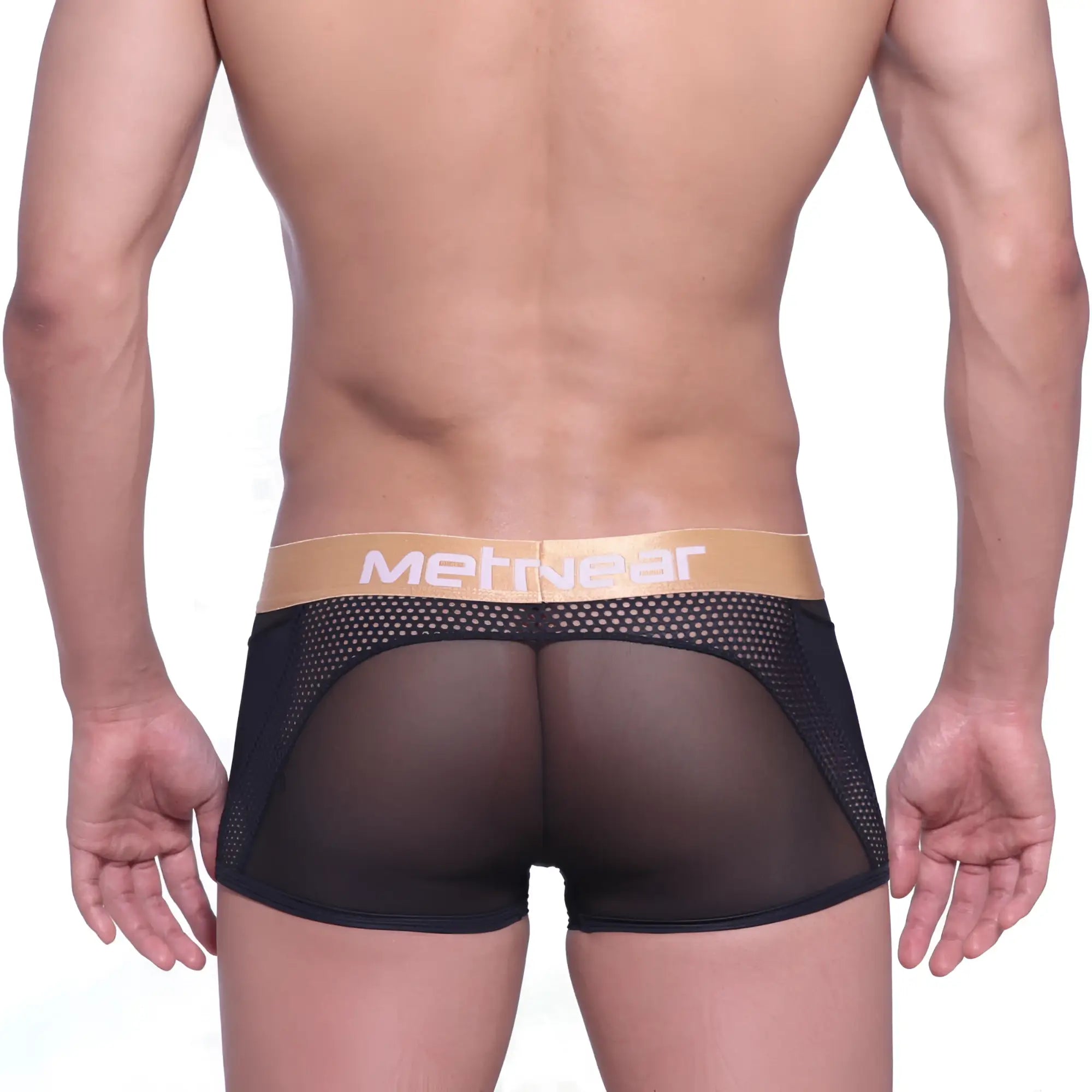Black mesh briefs with a tan waistband featuring the metriwear logo metroMalewear speed mesh hip trunk black