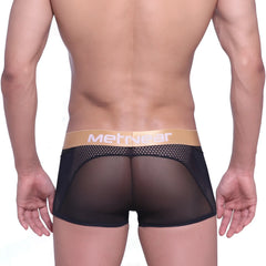 Black mesh briefs with a tan waistband featuring the metriwear logo metroMalewear speed mesh hip trunk black