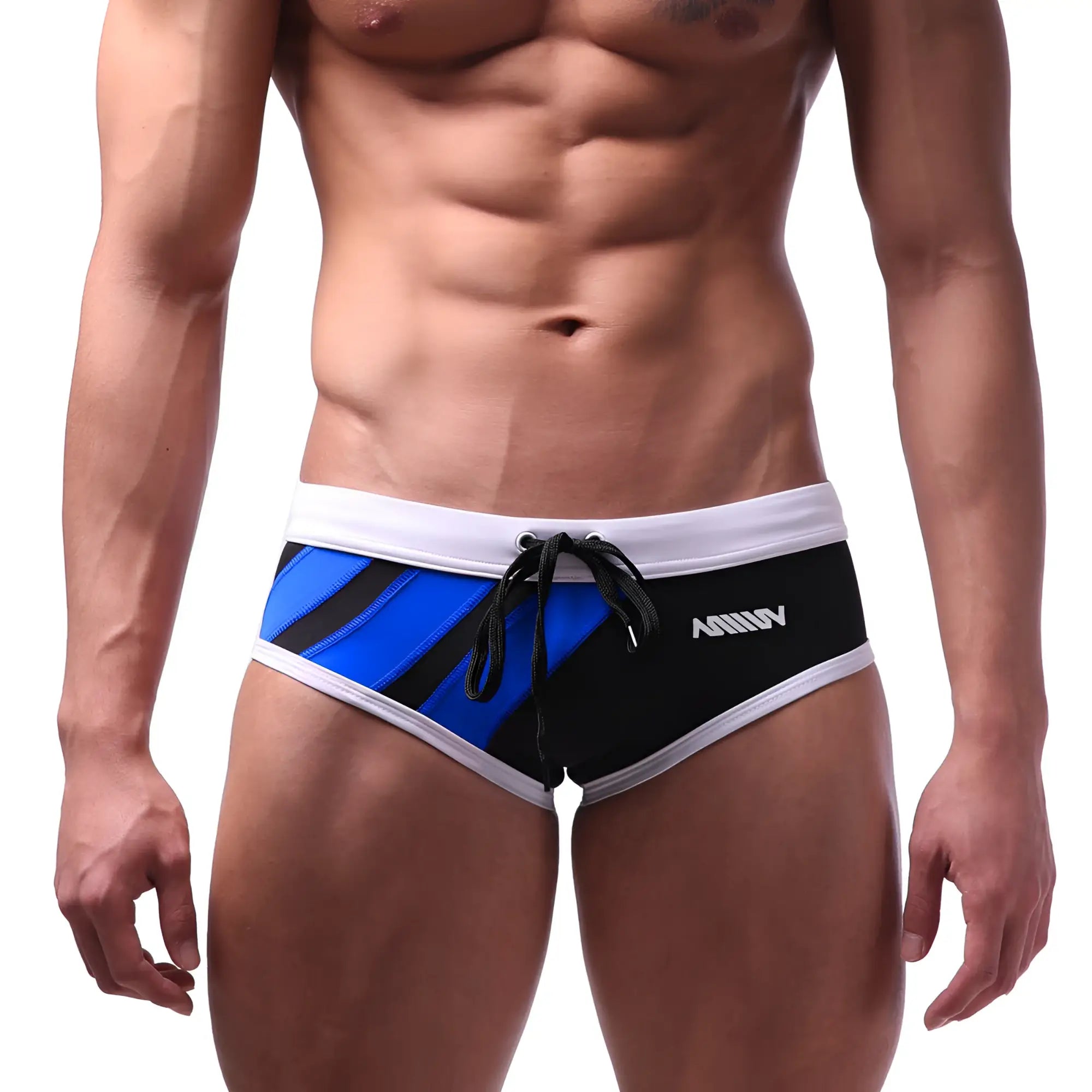 MetroMaleWear speed swim brief royal blue with blue and black stripes white trim and drawstring waistband for swimming