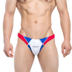 MetroMaleWear splash swim bikini blue 4989-18 red blue white color-blocked men’s briefs with silver arrow logo on front