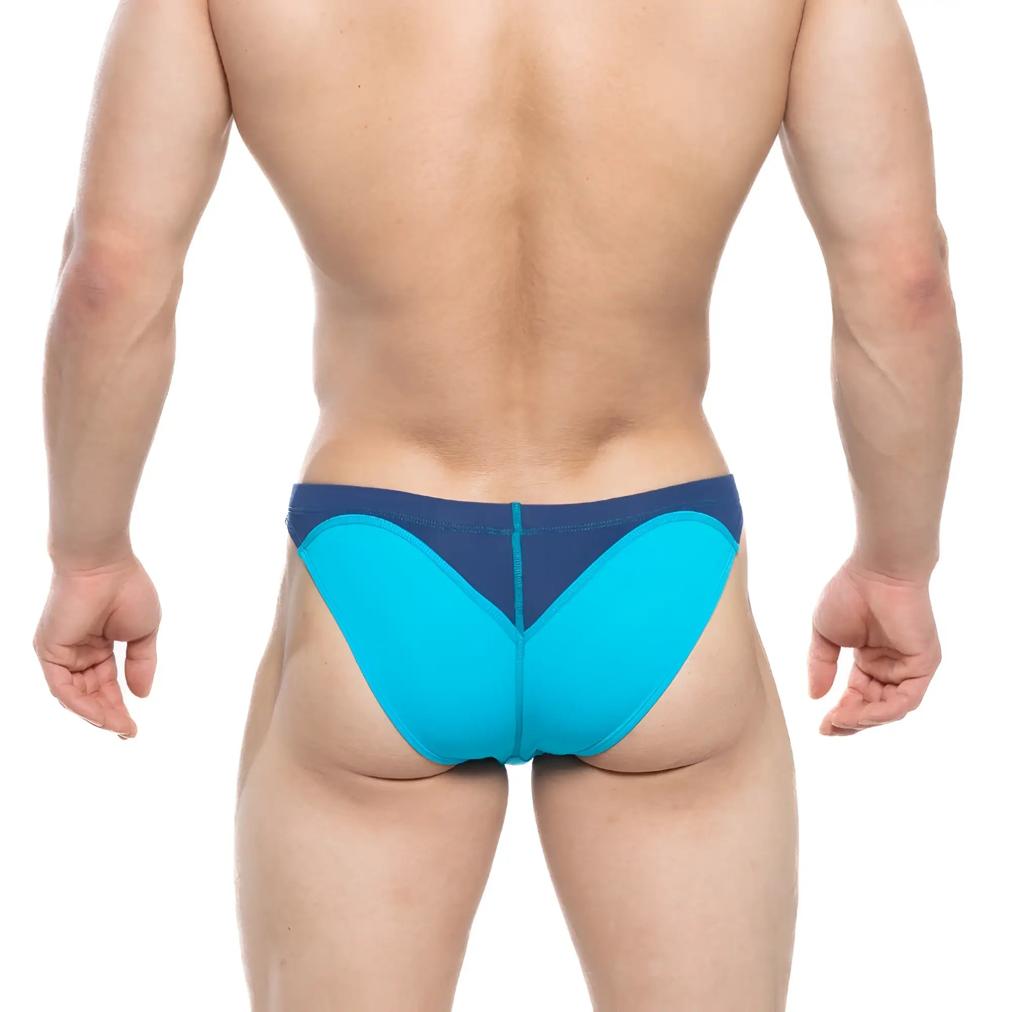 Bright turquoise and navy blue sleek form-fitting athletic briefs from MetroMaleWear Splash Swim Bikini 4989-08