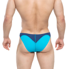 Bright turquoise and navy blue sleek form-fitting athletic briefs from MetroMaleWear Splash Swim Bikini 4989-08