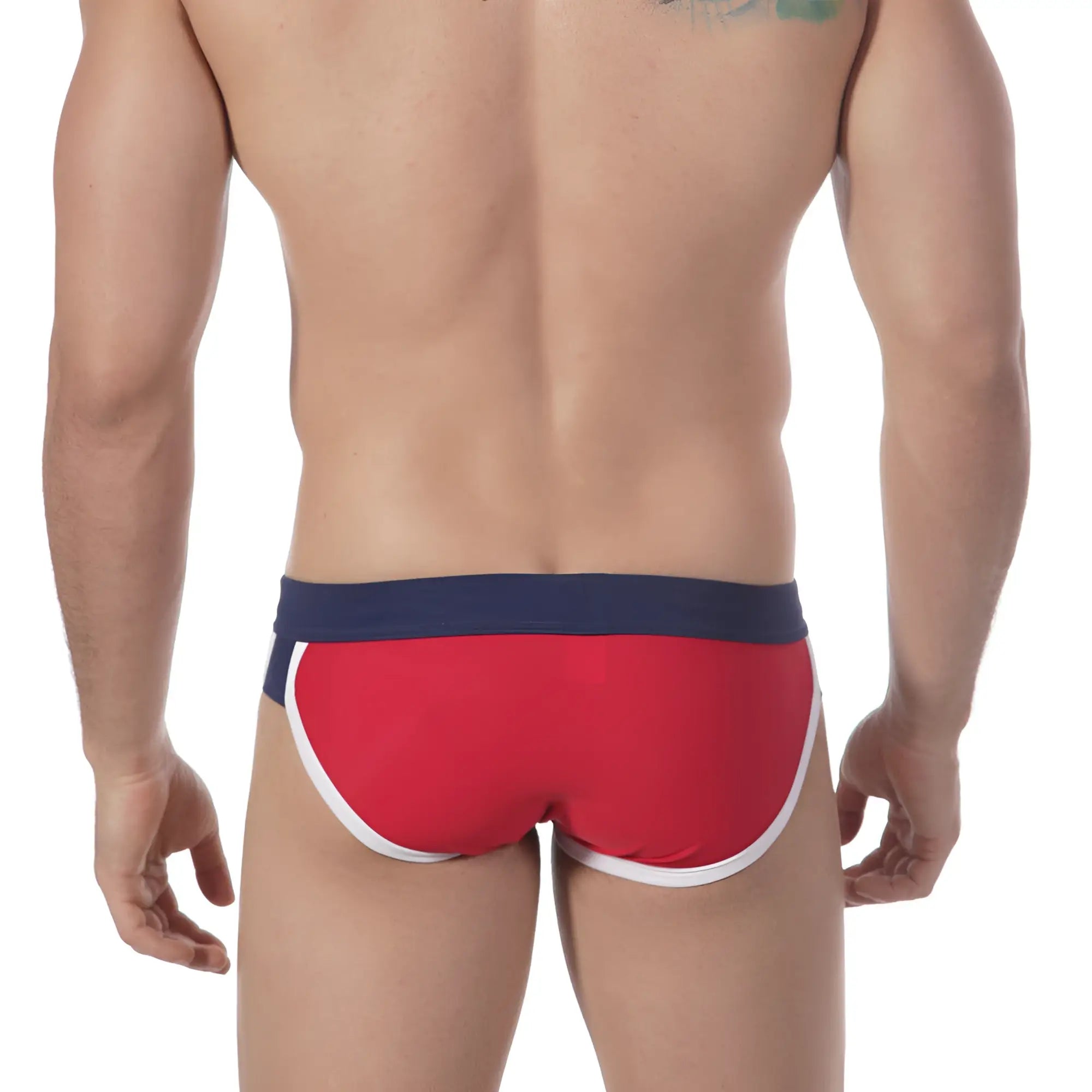 MetroMaleWear split swim brief red 4923-12 red swim trunks with navy blue waistband and white trim for swimming