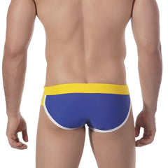 Metro male wear split swim brief royal 4923-18 swim trunks in blue and yellow with white trim for men