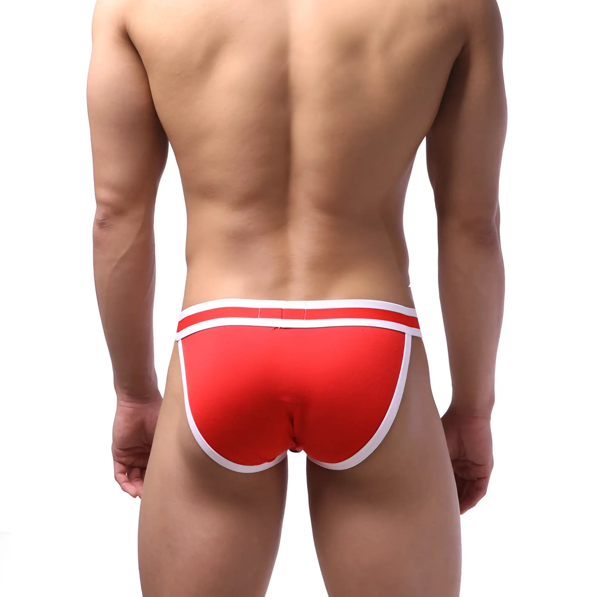 Red athletic briefs with white trim metroMalewear sport bikini 3004-40 designed for activewear use