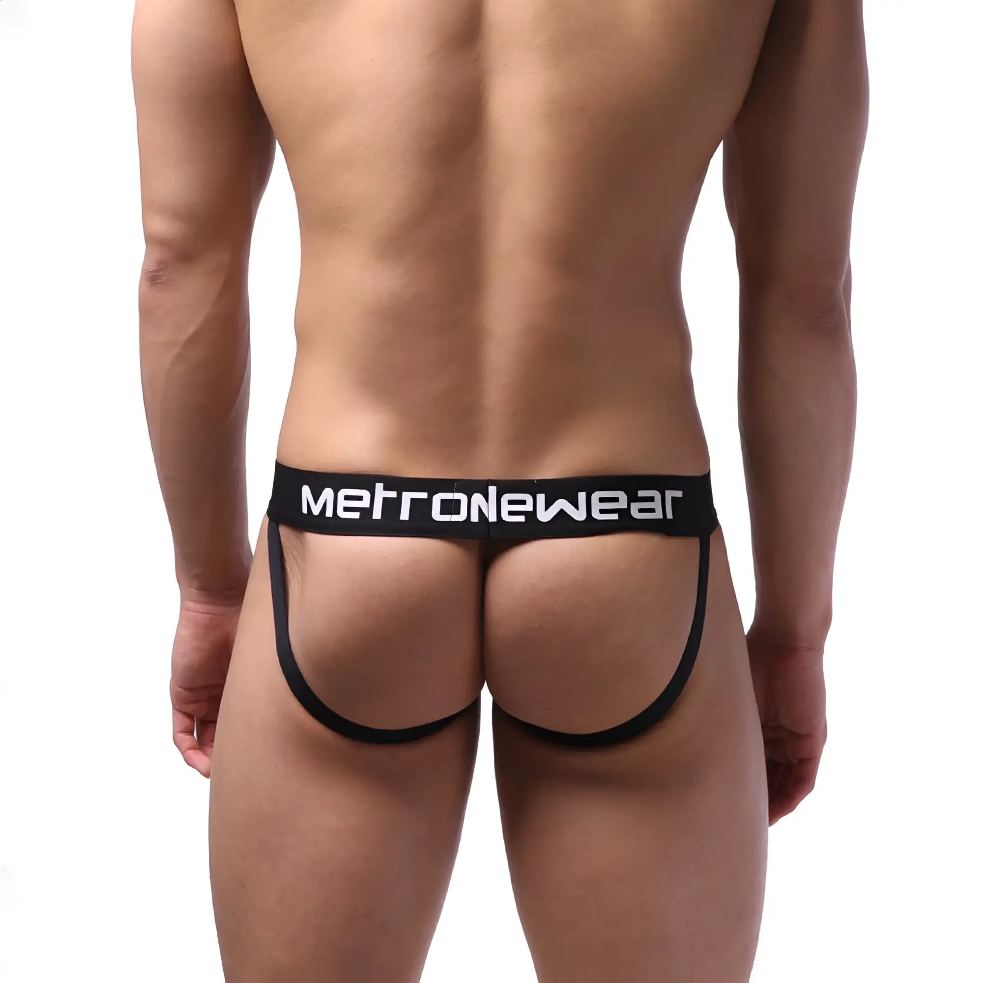 Black metronewear sport jock strap briefs with wide waistband and supportive leg straps for athletic use