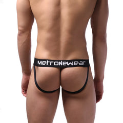 Black metronewear sport jock strap briefs with wide waistband and supportive leg straps for athletic use
