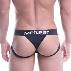 MetroMaleWear sports jock thong black with white lettering on waistband designed for athletic support and comfort