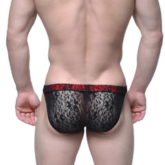 Black lace briefs with red floral patterned waistband from MetroMaleWear Spy Glass Bikini black 3004-81