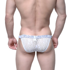 White lace thong with delicate floral pattern and light blue trim from MetroMaleWear Spy Glass Bikini ivory 3004-82