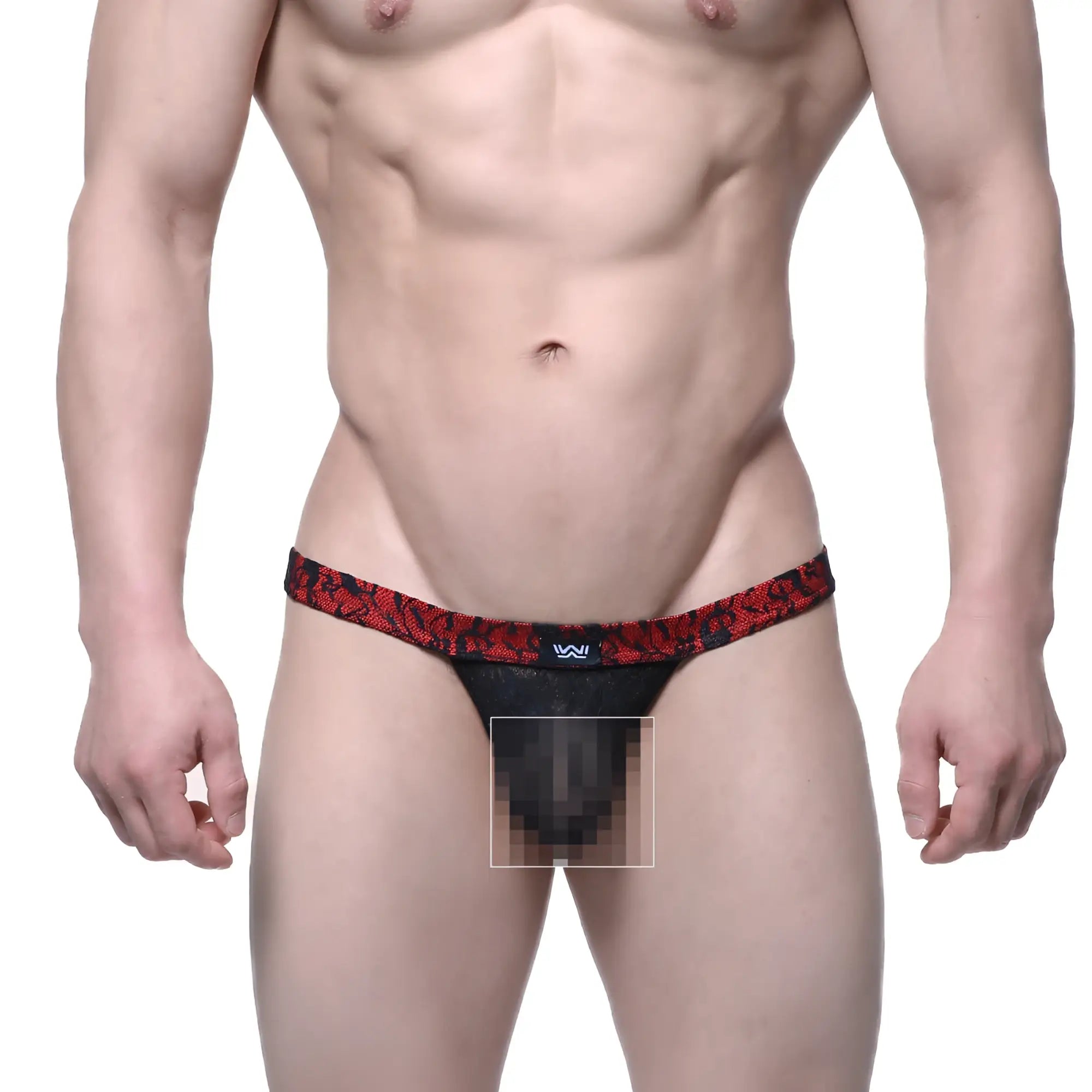 Black lace thong with a red and black patterned waistband featuring a small logo from MetroMaleWear Spy Glass 4002-80